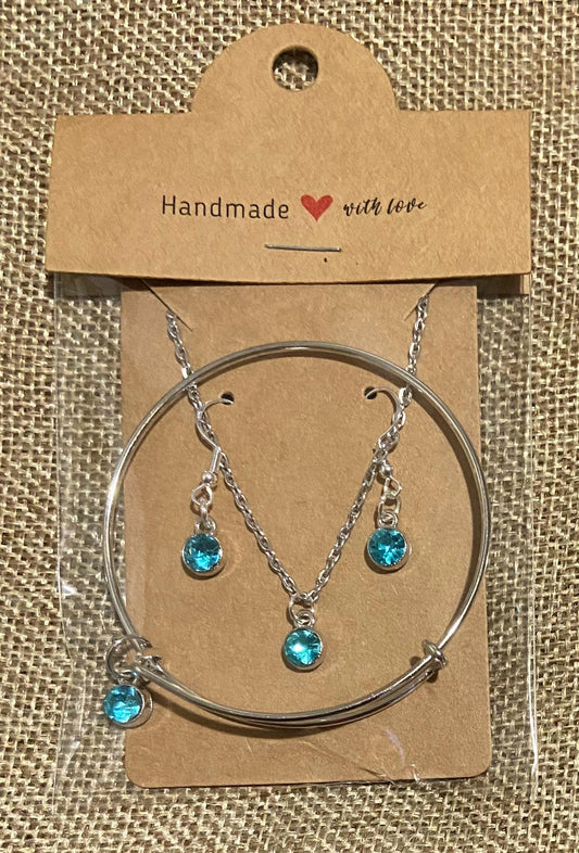 December Birthstone Charm Set: Includes Necklace, Earrings, and Bracelet, all Handmade with Love!