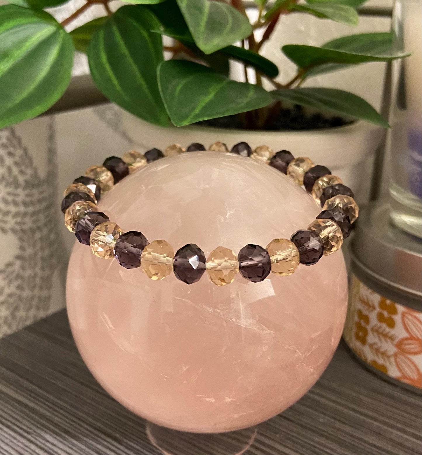 Purple and Champagne Aurora Borealis Glass Crystal 8mm Bracelet, handmade stretch beaded bracelet spiritual healing protection