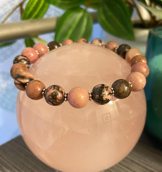 Rhodonite Classic 8mm Bracelet, handmade 8mm genuine gemstone stretch beaded bracelet for spiritual protection
