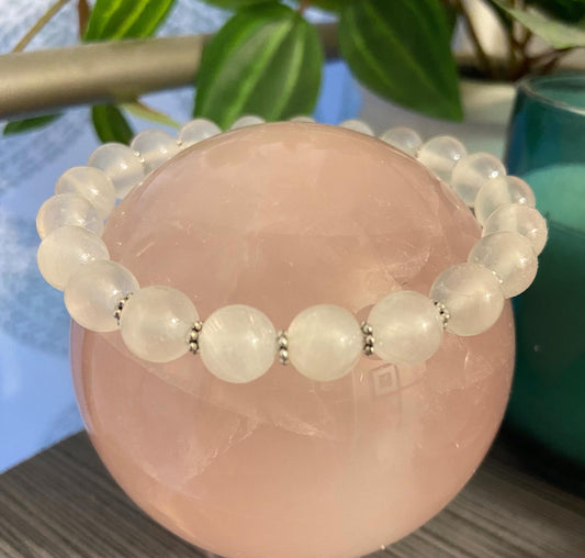 Selenite Classic 8mm Bracelet, handmade 8mm genuine gemstone stretch beaded bracelet for spiritual protection
